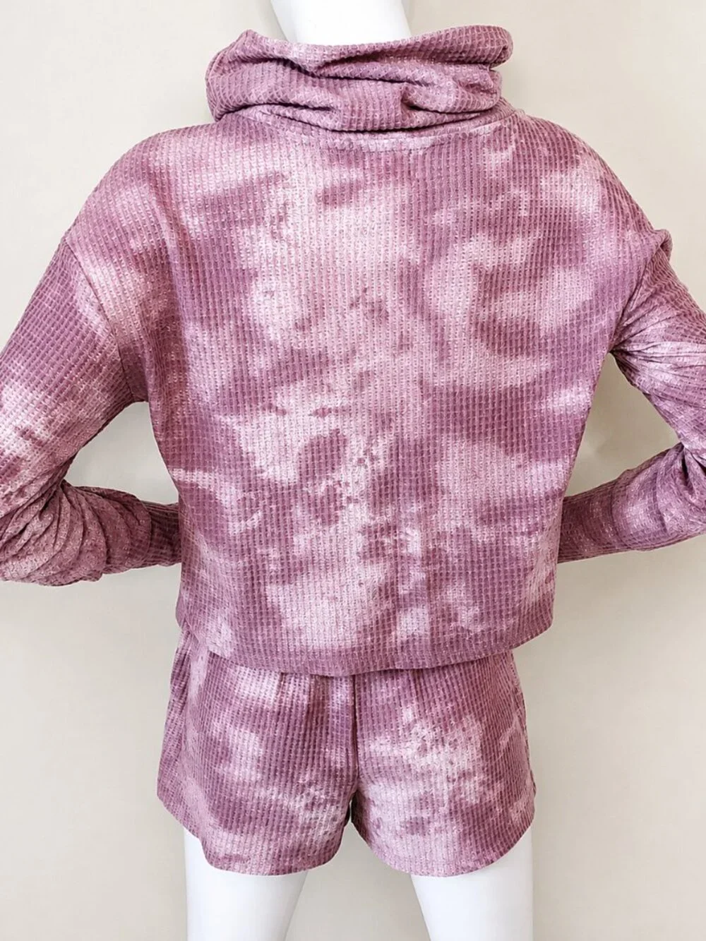 Pink Rose Cozie Beige/Mauve Tie-Dye Waffle Knit Cowl Neck Sweater Set SZ S